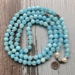 Aquamarine 108 Mala Bead Prayer Healing Meditation Yoga Chant Women Bracelet